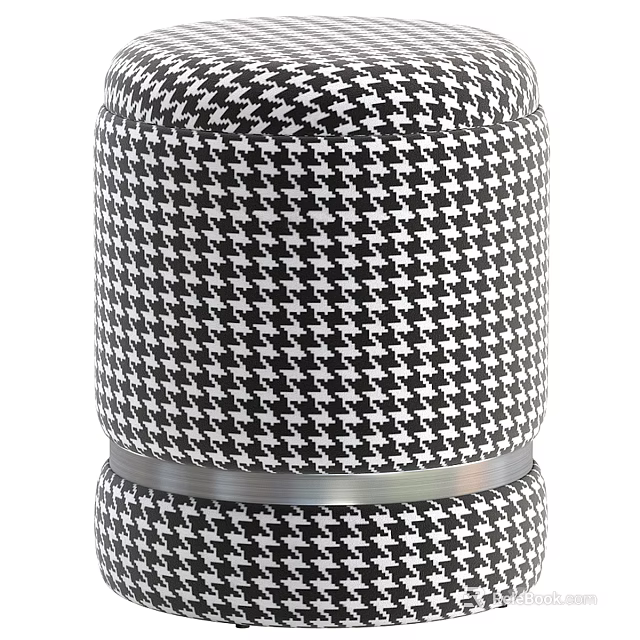 Stylish Upholstered Ottoman With Black White Houndstooth Pattern And Silver Metal Ring Accent 3d model 