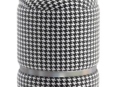 Stylish Upholstered Ottoman With Black White Houndstooth Pattern And Silver Metal Ring Accent 3d model