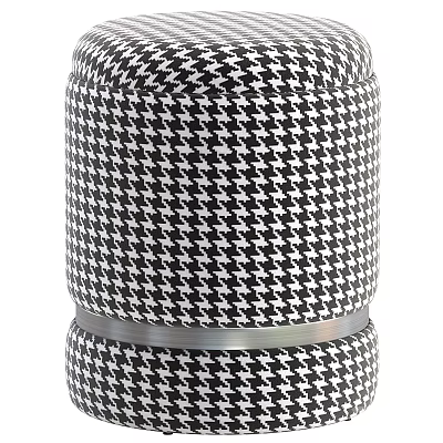 Stylish Upholstered Ottoman With Black White Houndstooth Pattern And Silver Metal Ring Accent 3d model