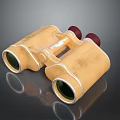Vintage Yellow Binoculars With Red Knobs Green Lenses For Scenic Landscape Viewing On Dark Reflective Surface 3d model