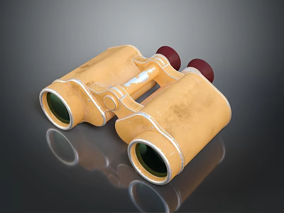 Vintage Yellow Binoculars With Red Knobs Green Lenses For Scenic Landscape Viewing On Dark Reflective Surface 3d model