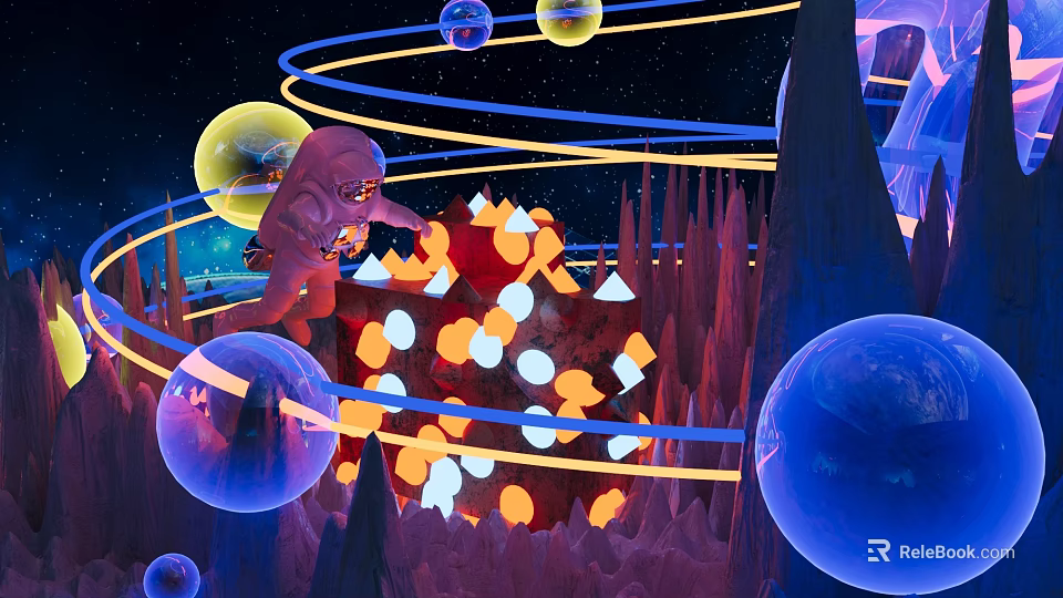 Vibrant Cartoon Scene With Red Alien Colorful Spheres Spiral Lines Spire Rocks Glowing Geometric Shapes 3d model