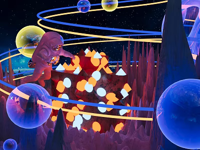 Vibrant Cartoon Scene With Red Alien Colorful Spheres Spiral Lines Spire Rocks Glowing Geometric Shapes 3d model