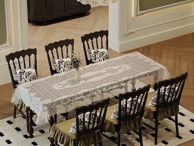 Classic Dining Table Set With Six Wooden Chairs White Lace Tablecloth Vase And Checkered Rug 3d model
