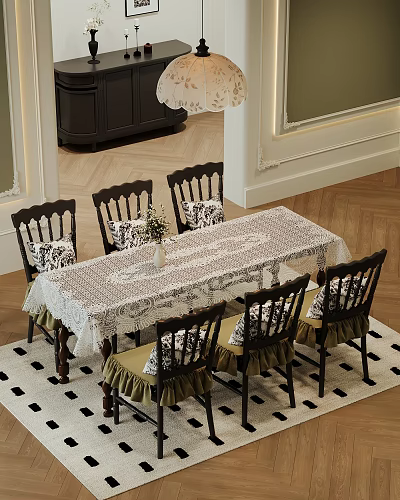 Classic Dining Table Set With Six Wooden Chairs White Lace Tablecloth Vase And Checkered Rug 3d model