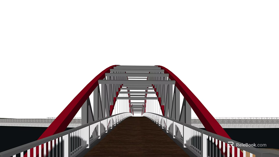 Landscape Bridge with Red Arch Gray Steel Frame White Railings and Wooden Deck 3d model 