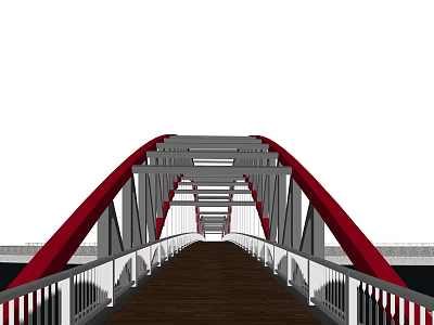 Landscape Bridge with Red Arch Gray Steel Frame White Railings and Wooden Deck 3d model