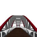 Landscape Bridge with Red Arch Gray Steel Frame White Railings and Wooden Deck