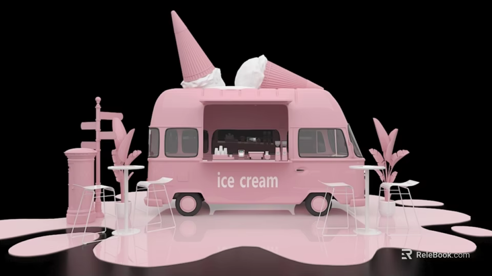 Pink Mobile Ice Cream Truck Business Equipment With Large Cones White Stools And Plants 3d model 