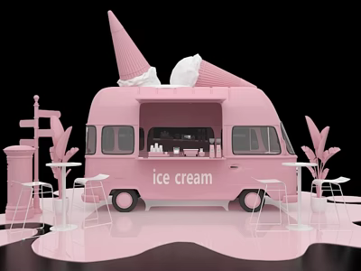 Pink Mobile Ice Cream Truck Business Equipment With Large Cones White Stools And Plants 3d model