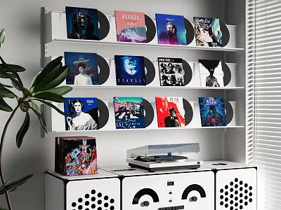 Decorative Ornament Set with Vinyl Records Display on Wall Shelf Record Player and Green Plant 3d model