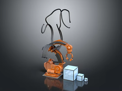 Sci Fi Game Movie Character With Orange Black Mechanical Structure Curved Lines And White Cubes 3d model