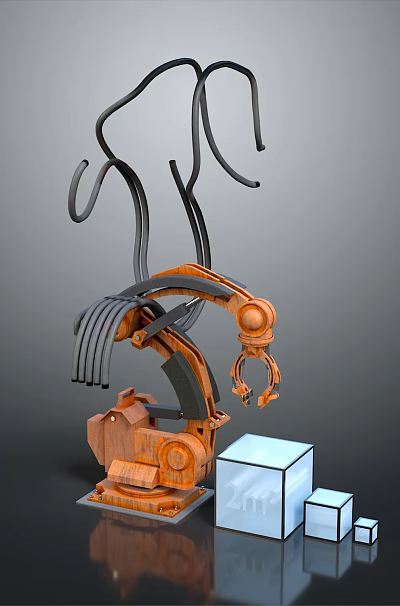 Sci Fi Game Movie Character With Orange Black Mechanical Structure Curved Lines And White Cubes 3d model