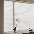 White Striped Blinds With Plant Vase And Books On Window Sill