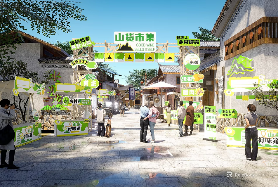 Traditional Commercial Street with Mountain Products Market Green Signs and Pedestrians 3d model 
