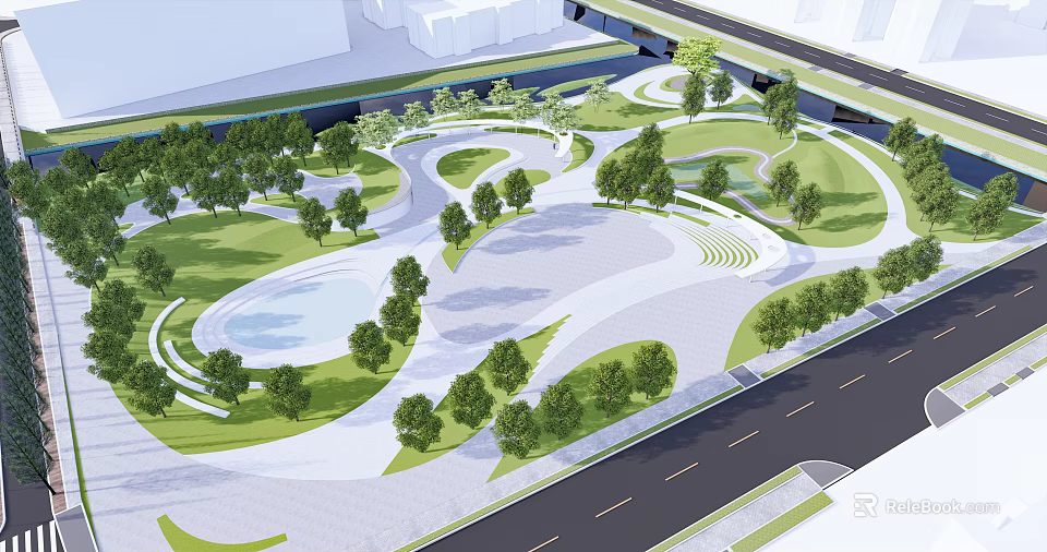 Park Landscape Design With Green Lawns Trees Pond And Winding Paths 3d model 