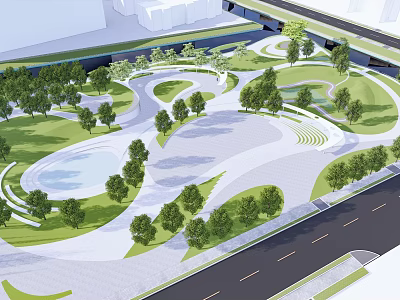 Park Landscape Design With Green Lawns Trees Pond And Winding Paths 3d model