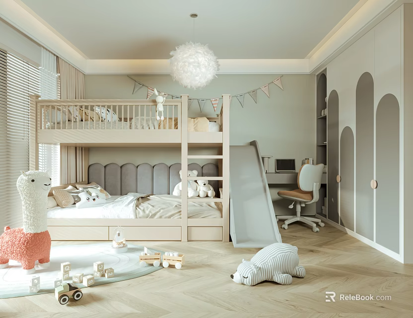 Playful Kids Room Interior Design With Bunk Bed Slide Desk Toys Arched Doorway And Chandelier 3d model 