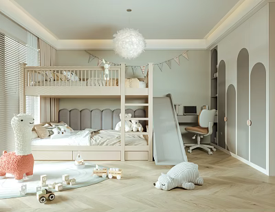 Playful Kids Room Interior Design With Bunk Bed Slide Desk Toys Arched Doorway And Chandelier 3d model