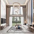 Modern Duplex Living Room With Grand Chandelier And Floor To Ceiling Windows