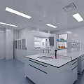 Modern Laboratory Interior Equipped With Work Benches Chairs Shelves Containers Windows And Wall Chart