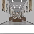 Traditional Chinese Painting Gallery With Wooden Display Shelf And Wall Artworks