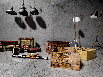 Vintage Wooden Crates With Labels Hanging Lamps And Baseball Bat On Grey Floor 3d model