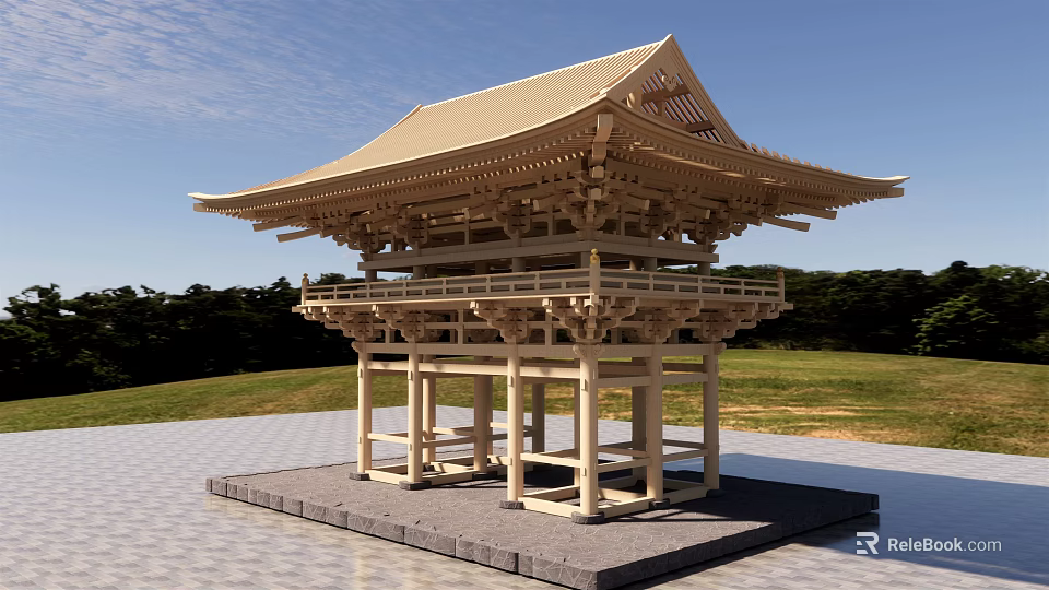 Traditional Japanese Wooden Architecture With Multi tiered Roof Stone Base Grassland Trees And Clear Blue Sky 3d model 