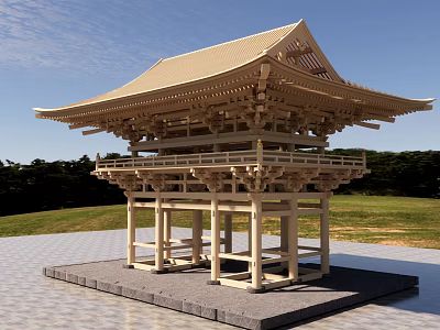 Traditional Japanese Wooden Architecture With Multi tiered Roof Stone Base Grassland Trees And Clear Blue Sky 3d model