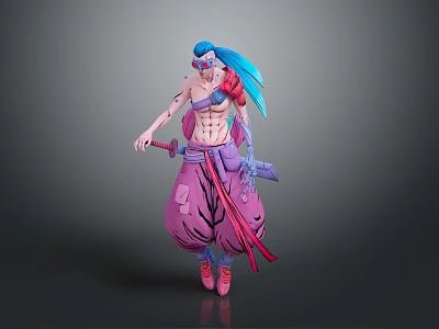 A Man With Blue And Pink Hair Shirtless Torso Baggy Pink Pants Holding Swords 3d model
