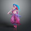 A Man With Blue And Pink Hair Shirtless Torso Baggy Pink Pants Holding Swords