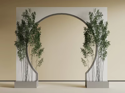 Modern Archway Decor With Decorative Green Plants On Both Sides And Minimalist Background 3d model
