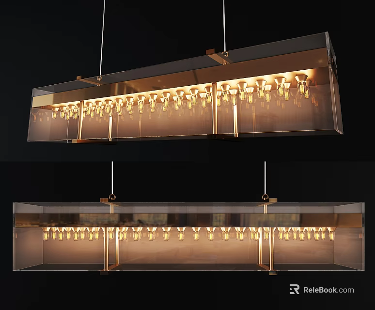 Modern Rectangular Chandelier With Glass Shade And Warm LED Bulbs For Interior Lighting 3d model