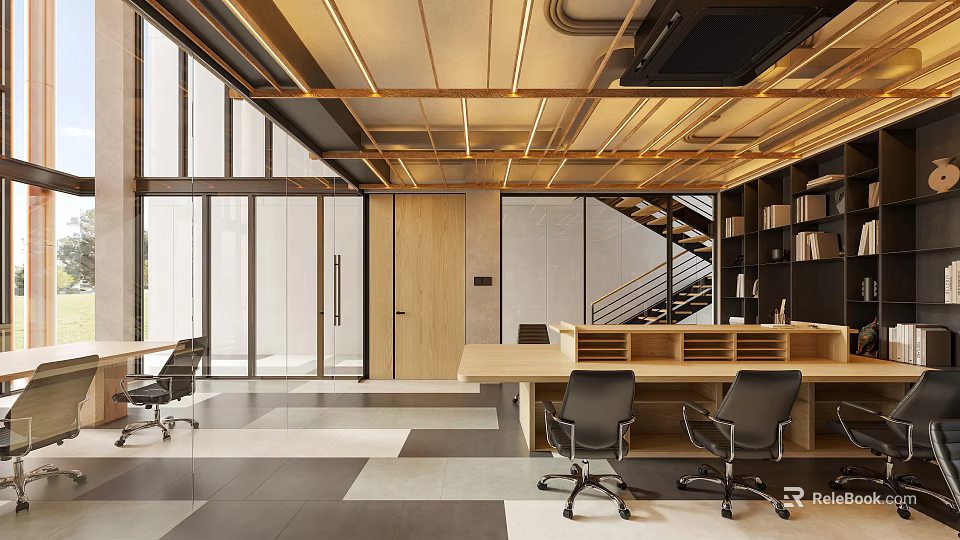 Modern Public Office Space With Large Windows Open Layout Wooden Desks And Ergonomic Chairs 3d model 