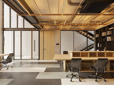 Modern Public Office Space With Large Windows Open Layout Wooden Desks And Ergonomic Chairs 3d model