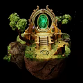 Cartoon Scene Featuring Floating Rock Platform With Arched Portal Green Trees And Steps