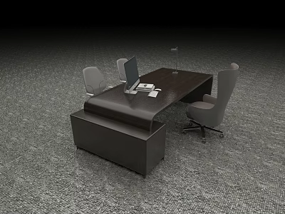 Wooden Office Desk With Ergonomic Chairs Computer Monitor Desk Lamp And Office Supplies 3d model