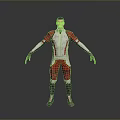 Game Character In Red And White Futuristic Outfit With Black Accents And Silver Details