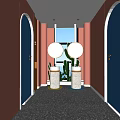 Public Restroom With Pink Walls Blue Arched Doors Two Sinks Round Mirrors And Terrazzo Floor