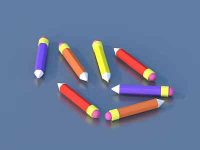 Seven Colored Pencils With Various Colors Scattered On Blue Background 3d model
