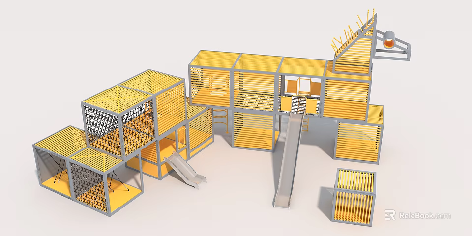 Garden Landscape Children's Play Area With Yellow Grid Frames Cube Structures And Slides 3d model