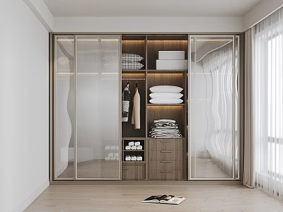 Modern Wardrobe Interior Design With Glass Doors Shelves Hanging Area And Drawers 3d model