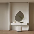 Modern White Dressing Table With Oval Mirror Drawer Stool Skincare Products And Green Plant