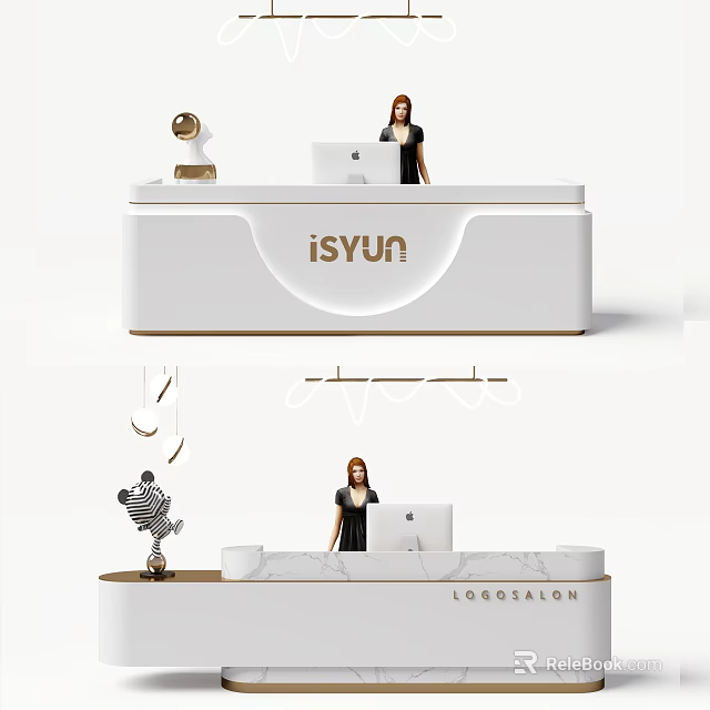 Stylish Store Front Desk With White Design Logo Receptionist Computer And Decorative Elements 3d model 
