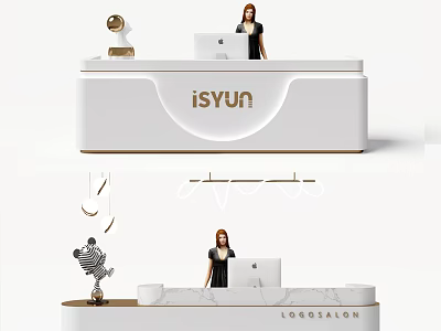 Stylish Store Front Desk With White Design Logo Receptionist Computer And Decorative Elements 3d model
