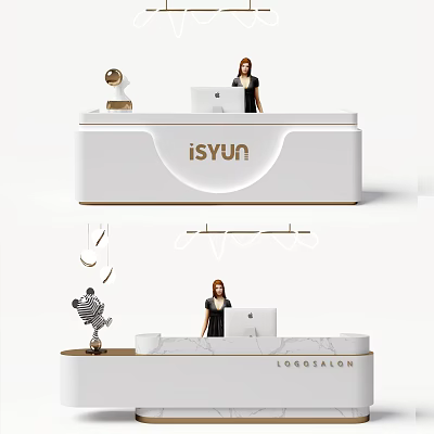 Stylish Store Front Desk With White Design Logo Receptionist Computer And Decorative Elements 3d model