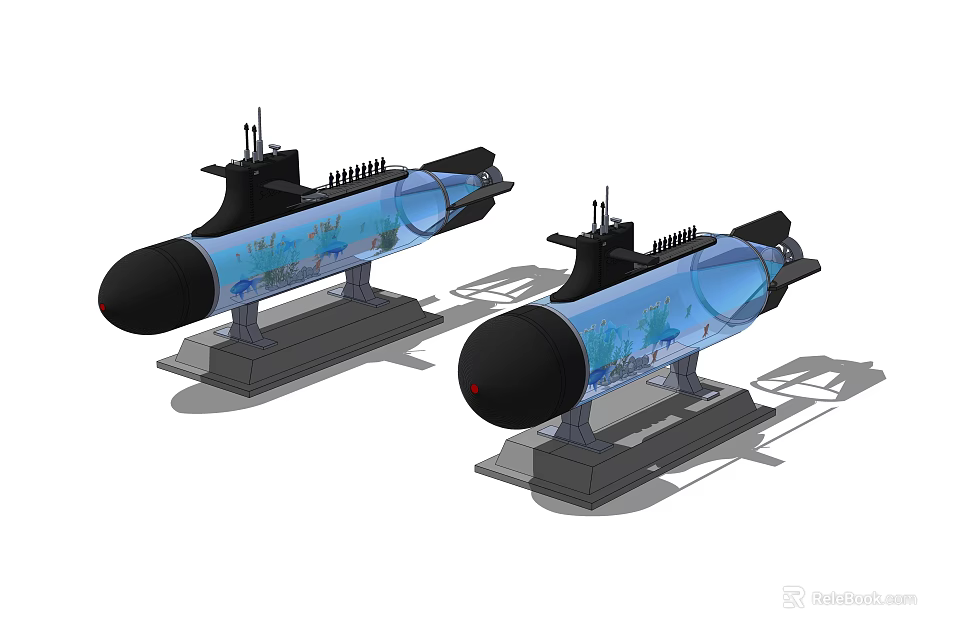 Unique Submarine Shaped Fish Tank with Blue Aquatic Scenes and Stand Base 3d model 