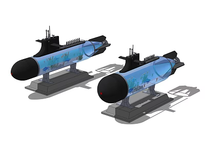 Unique Submarine Shaped Fish Tank with Blue Aquatic Scenes and Stand Base 3d model