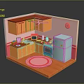 Cartoon Kitchen Interior With Pink Walls Orange Cabinets Blue Oven And Light Blue Refrigerator