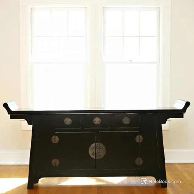 Black Entryway Console Cabinet with Circular Knobs Drawers and Doors by Window with Natural Light 3d model